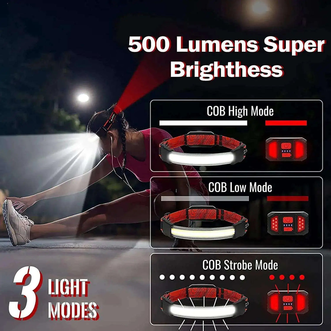 Red Waterproof COB Rechargeable Headlamp with Adjustable Beam for Outdoor Activities