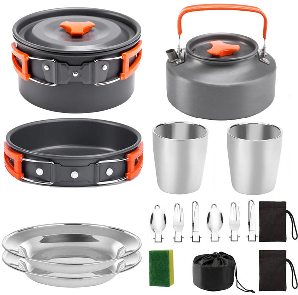 VTX-1595429 2-3 People Portable Foldable Picnic Cookware Set Outdoor Backpacking Gear Pot FryingPan Kettle Cooking Camping Mess