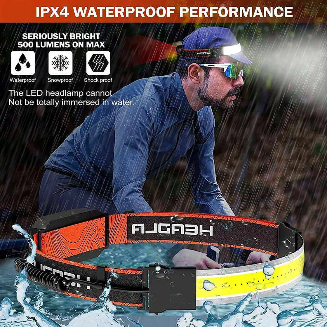 Red Waterproof COB Rechargeable Headlamp with Adjustable Beam for Outdoor Activities