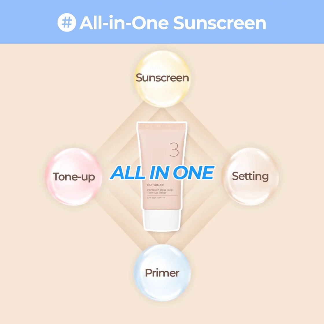 Porcelain Base-skip Tone Up Beige Cream 50ml Sunscreen SPF50 PA++++ for All Skin Types
