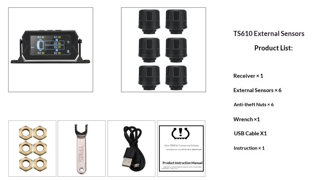 Wireless Solar Powered Tire Pressure Monitor for 6 Wheels, External Sensors, LCD Display, Compatible with Heavy-Duty Trucks and RVs