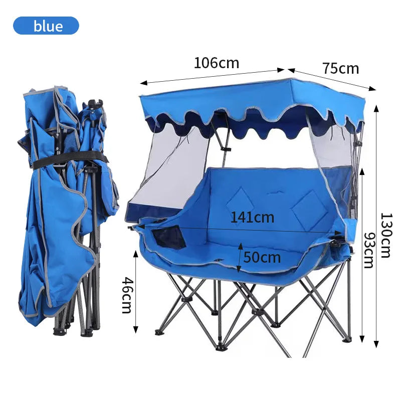 Outdoor Folding Chair with Integrated Awning Canopy and Double Backrest for Camping, Beach, and Fishing