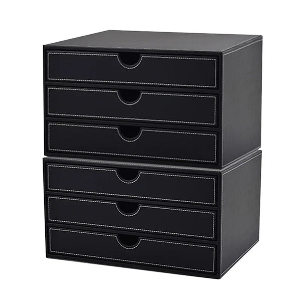 VTX-2709541 FOSKA Stackable Modular Storage Box Black Three Drawer Organizer Leather Accommodating Various Home Accessories