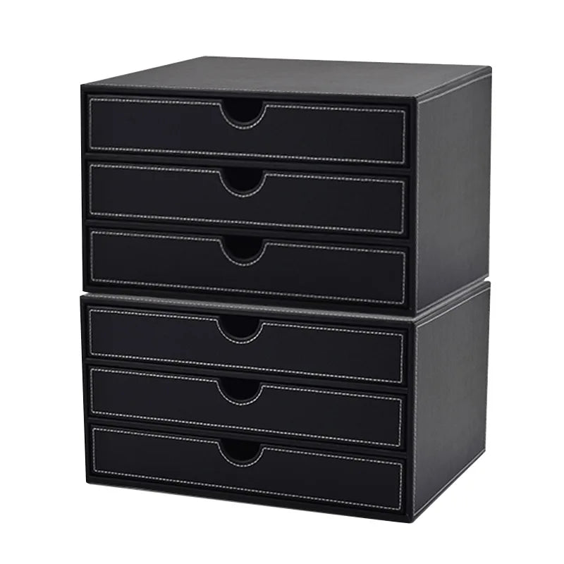 VTX-2709541 FOSKA Stackable Modular Storage Box Black Three Drawer Organizer Leather Accommodating Various Home Accessories