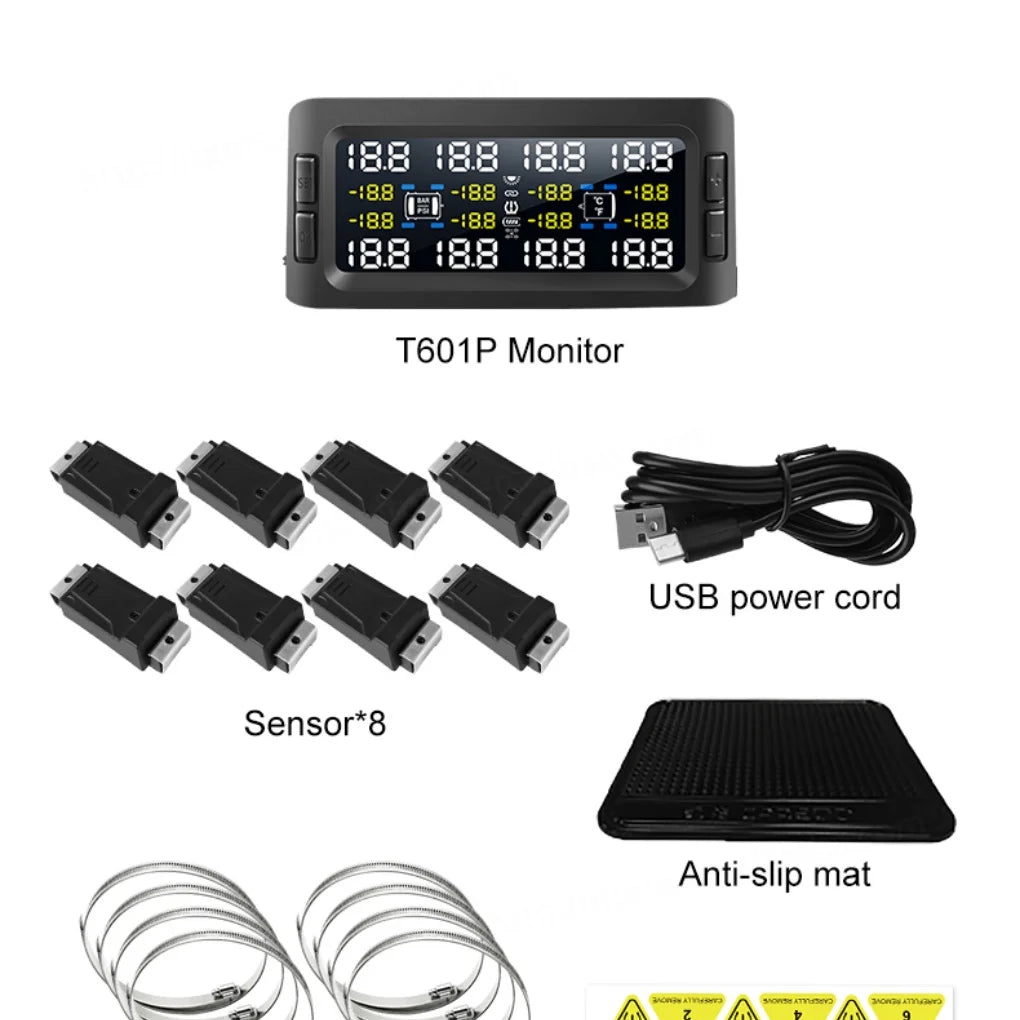 Digital Tire Pressure Monitoring System for 8-Wheel RV Trailer with Real-Time Air Leakage and High Temperature Alarm