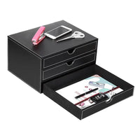 VTX-2709541 FOSKA Stackable Modular Storage Box Black Three Drawer Organizer Leather Accommodating Various Home Accessories