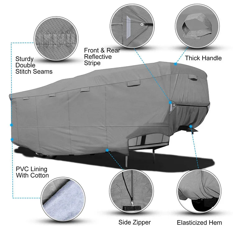 Lockable 5th Wheel RV Cover Kit, 100% Waterproof Non-Woven Fabric with 4 Tire Covers and 2 Straps