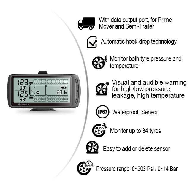 203 PSI Tire Pressure Monitoring System with External Sensors for Trucks, RVs, Trailers, and Buses