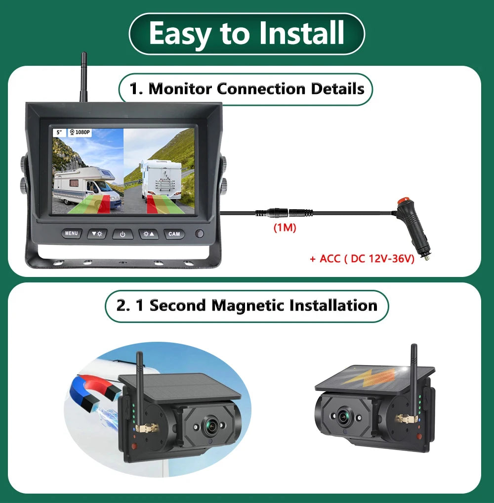 Wireless Solar Backup Camera with Magnetic Base and 5-Inch IPS Monitor for RV and Van