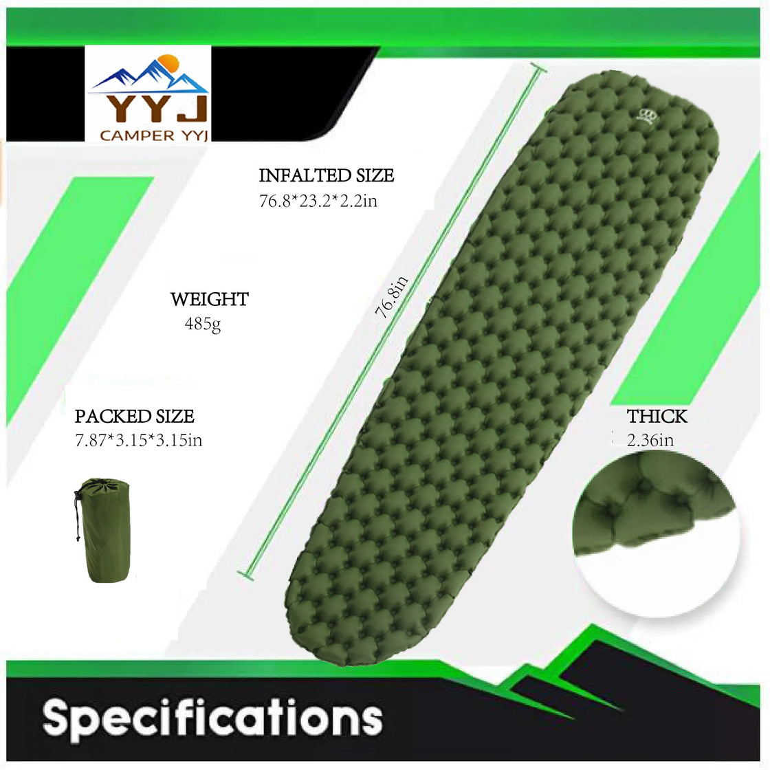Ultralight Inflatable Camping Sleeping Pad - TPU Material, Built-in Inflator, 195x59x6cm, Max Load 150kg