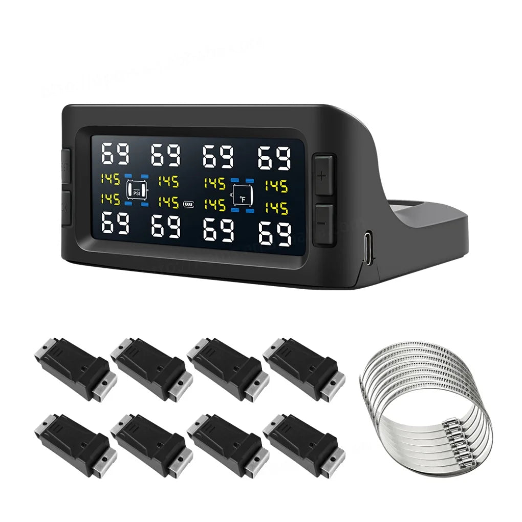 Digital Tire Pressure Monitoring System for 8-Wheel RV Trailer with Real-Time Air Leakage and High Temperature Alarm