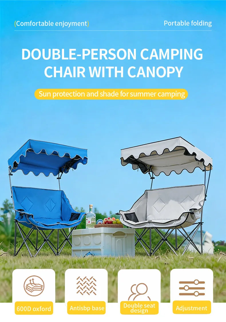 Outdoor Folding Chair with Integrated Awning Canopy and Double Backrest for Camping, Beach, and Fishing