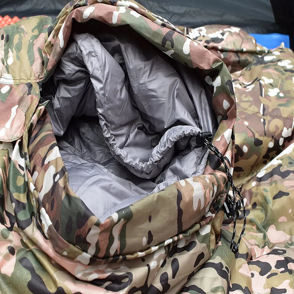 Woodland Camouflage Mummy Sleeping Bag, All Seasons, 230x80x50cm, Duck Down and Hollowfiber Filling, Suitable for Hiking and Camping