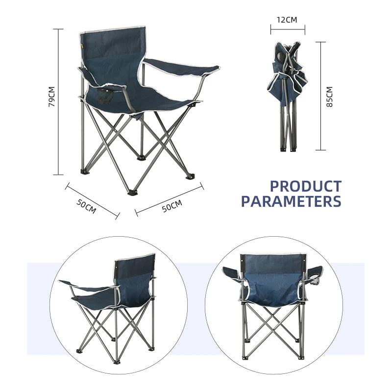 Folding Outdoor Metal Camping Chair with Cup Holder, Portable Picnic Chair, Steel Tube Leg, 600D Oxford Fabric, 200kg Capacity