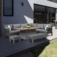 VTX-3347621 YASN Teak Table Modern 7 Piece Sofa Aluminum Patio Set Outdoor Furniture Contemporary Garden Living Room Balcony