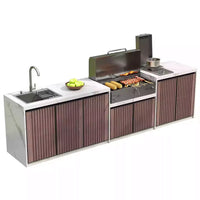 VTX-2757797 Modern Outdoor Kitchen Workstation Villa Featuring Slate BBQ Island Garden Prep Sink & Aluminum Alloy Beverage Center