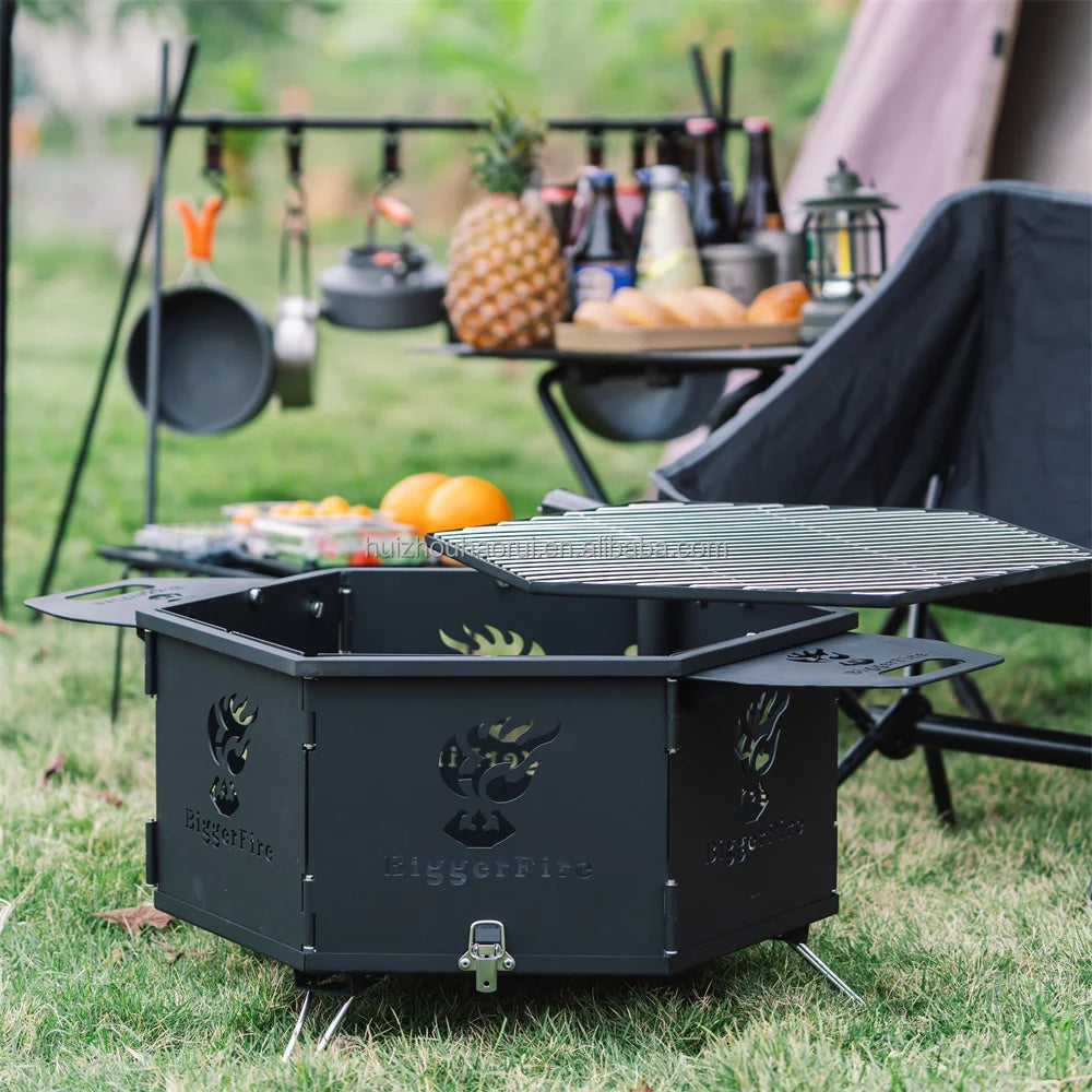 Outdoor Portable Charcoal BBQ Grill, Adjustable Height, Easy Assembly, Steel Construction, Black