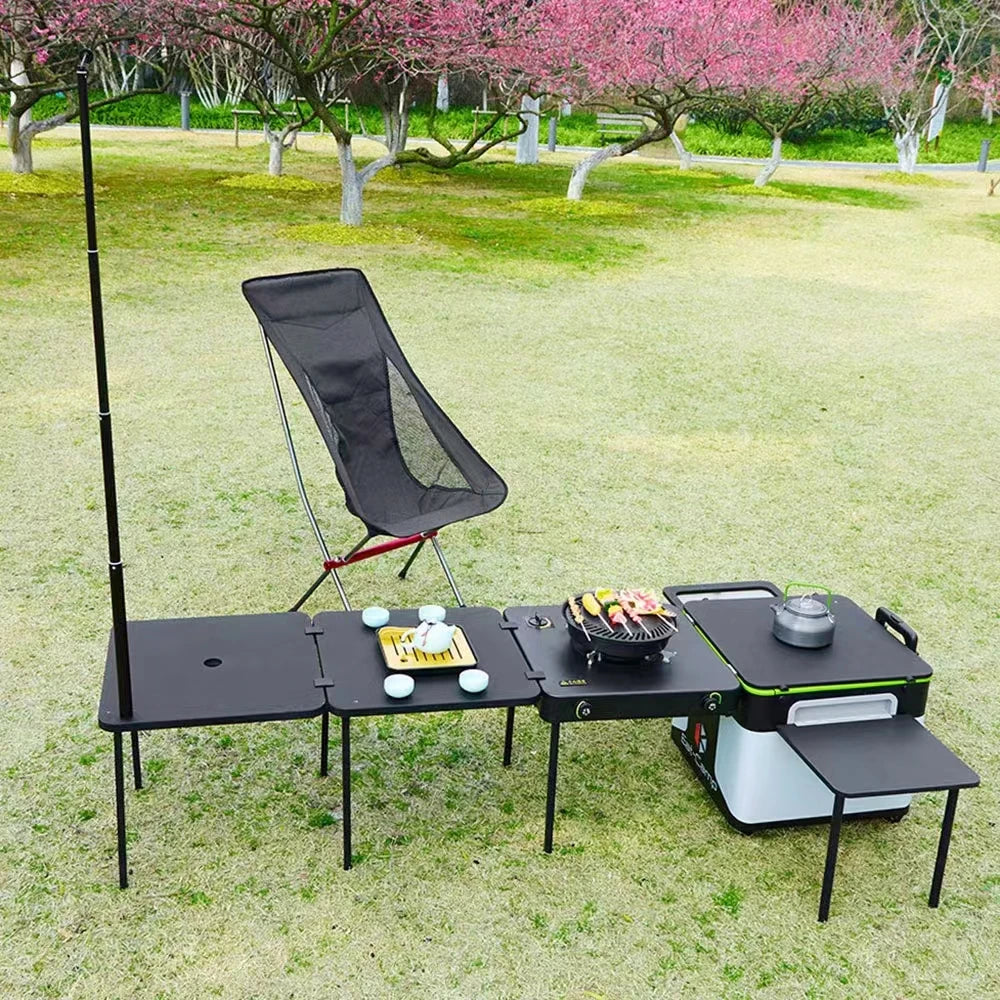 Portable Camping Kitchen Box, Foldable Mobile Picnic Table, Multifunctional Cooking Set, Steel and Aluminum, 180x103x42cm