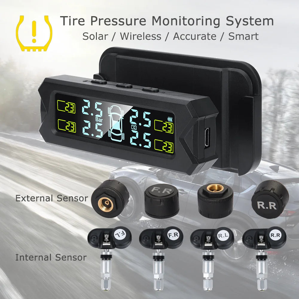 Solar USB Charging Tire Pressure Monitoring System with 4 External Sensors for Vehicles