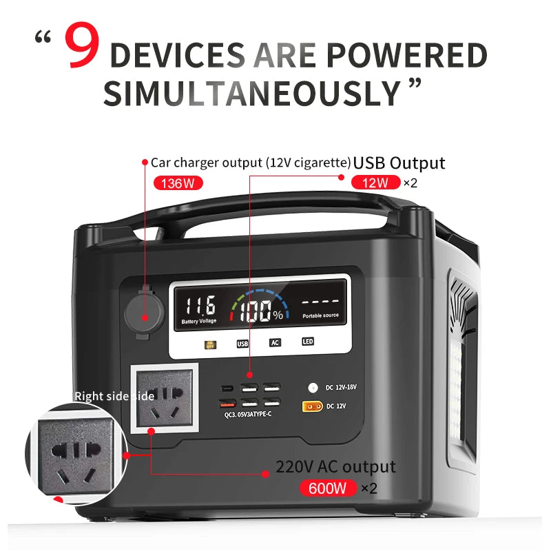 600W Solar Portable Power Station with Dual MPPT, Wireless Charging, and LiFePO4 Battery for Camping, RV, and Home Backup