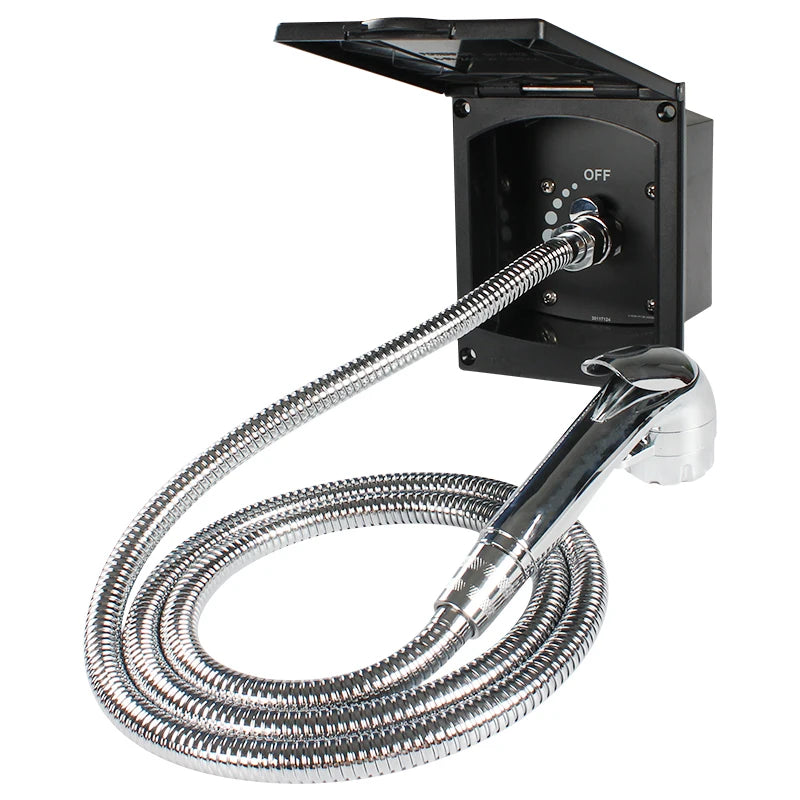 Black RV Exterior Shower Box Kit with Quick Connect Sprayer and Hose, 115 x 142 x 100 mm