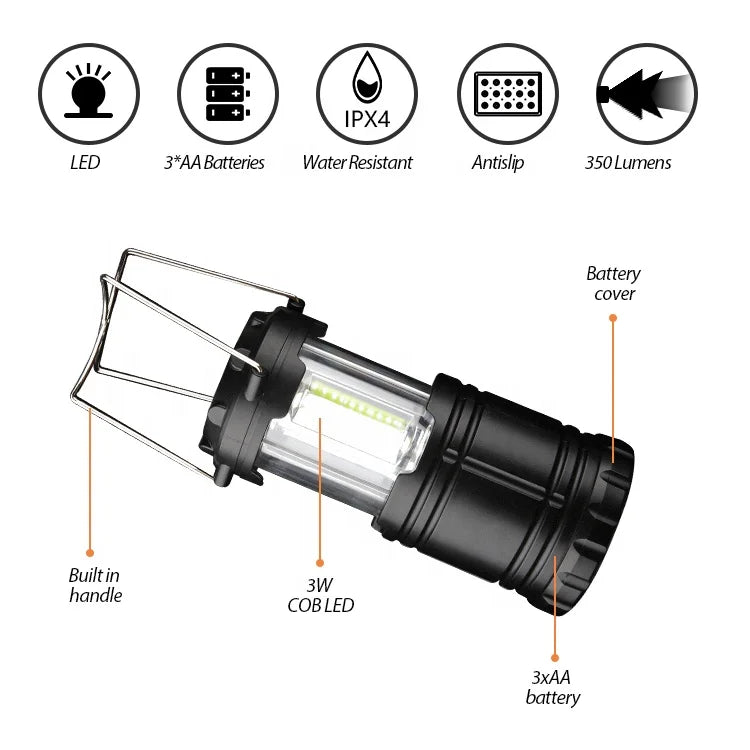 Telescopic COB LED Camping Lantern, Waterproof, Battery-Powered, 350 Lumen, 3xAA, Portable, Lightweight, 8.7x8.7x12.5cm