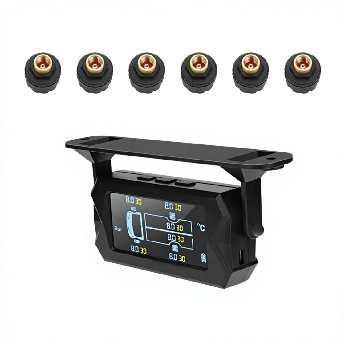 Wireless Solar Powered Tire Pressure Monitor for 6 Wheels, External Sensors, LCD Display, Compatible with Heavy-Duty Trucks and RVs