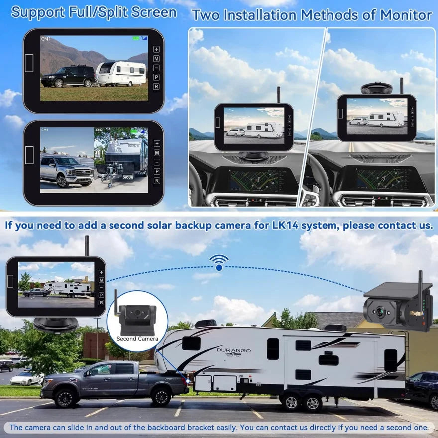 Wireless Rear View Camera System with Solar Panel for Cars and RVs, 1080P Resolution, Waterproof, 7-Inch Display