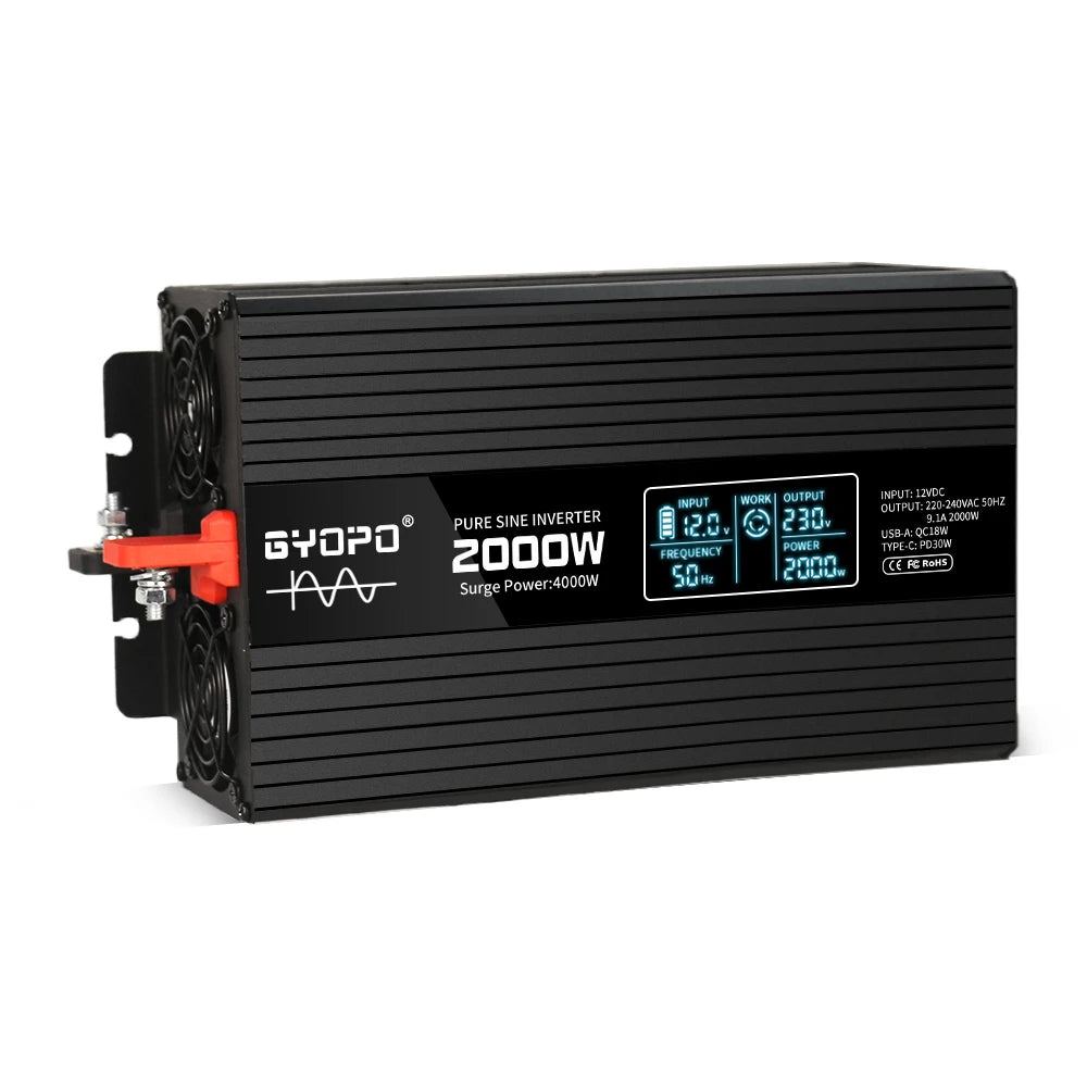 2000 Watts DC/AC Inverter with LCD Remote Control, Pure Sine Wave Output, Off-Grid, 4000W Peak Power, Black, 1 Year Warranty