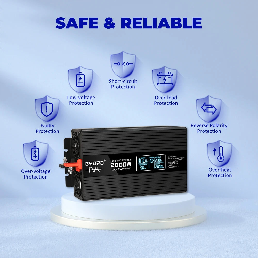 2000 Watts DC/AC Inverter with LCD Remote Control, Pure Sine Wave Output, Off-Grid, 4000W Peak Power, Black, 1 Year Warranty