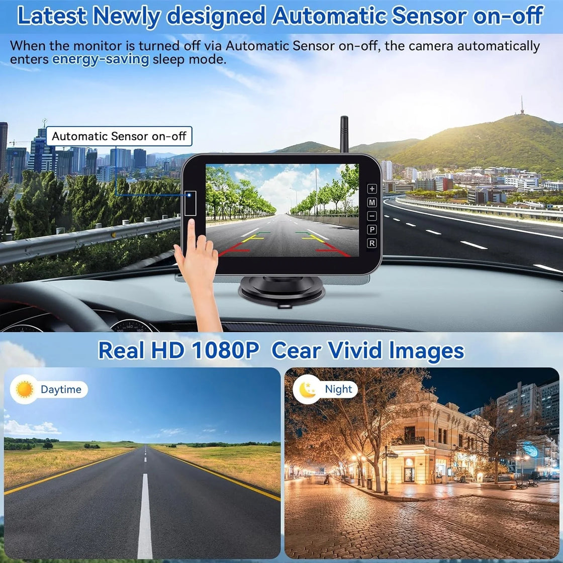 Wireless Rear View Camera System with 7 Inch Monitor for Trucks, RVs, and Trailers, 1080P Resolution, Waterproof, Solar Powered
