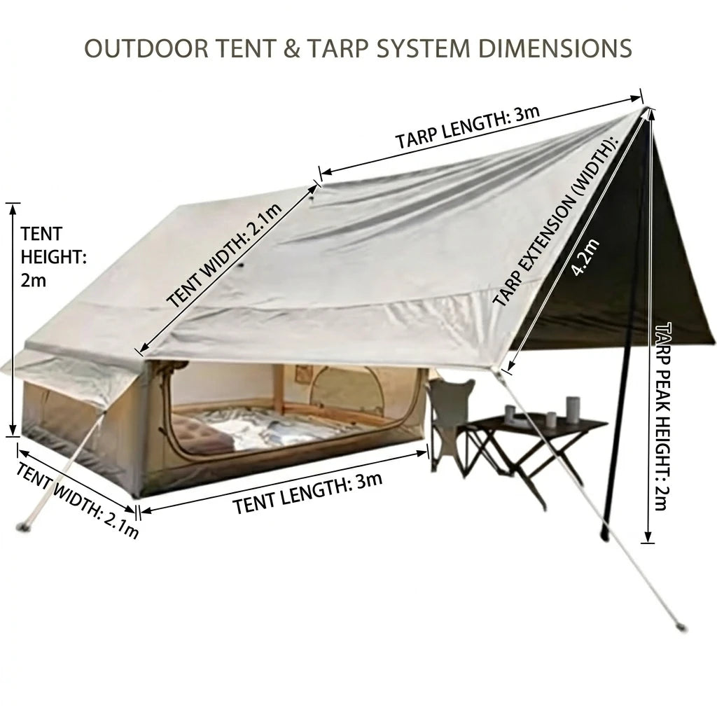 Inflatable Camping Tent 6.3 Square Meters with Sun Canopy for 2-3 Persons, Waterproof, Automatic Opening, Lightweight, Portable