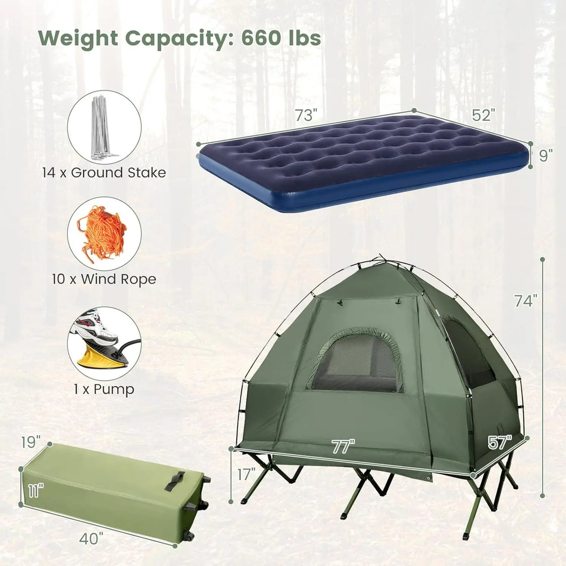 5 in 1 Elevated Camping Tent Cot with Air Mattress and Sleeping Bag, Waterproof, Portable, 77x57x74 inch