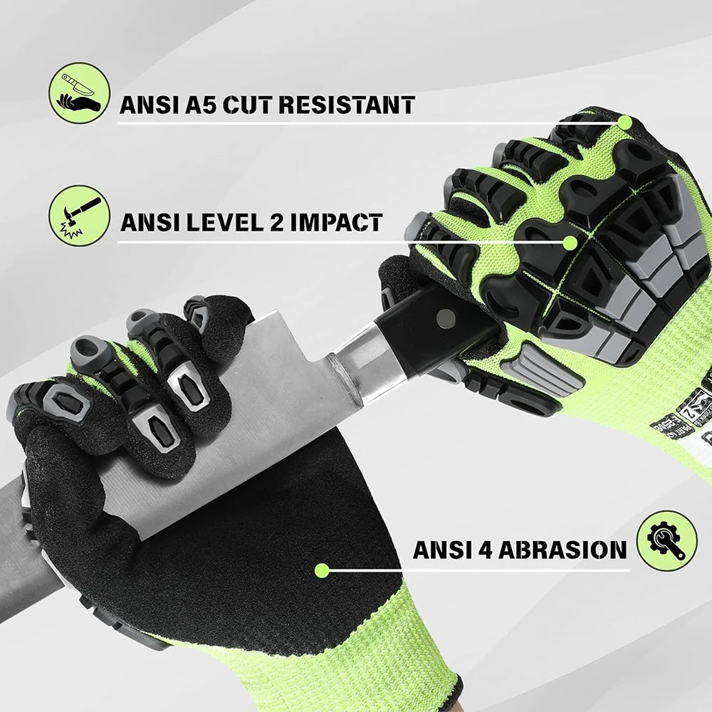 Men's Anti-Impact Safety Work Gloves, TPR Coated, Nitrile Sandy, Cut Resistant, Waterproof, Touchscreen, General Purpose