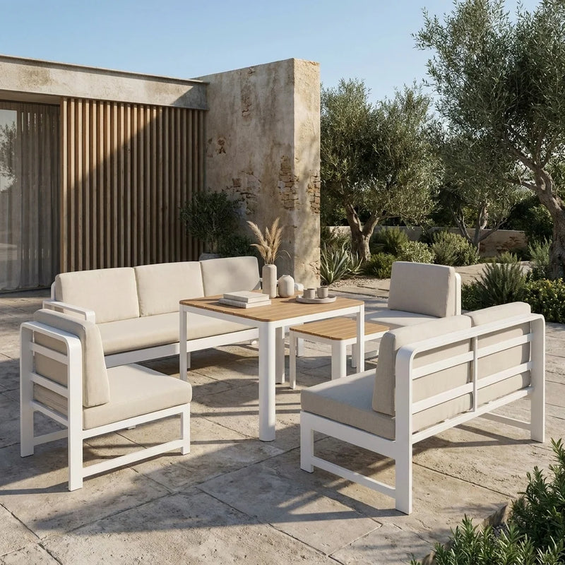 VTX-3118245 Aluminum Outdoor Sofa Set 7 Piece 3 Seater Loveseat 2 Chairs High Low Tables Modern Waterproof Durable Eco-Friendly
