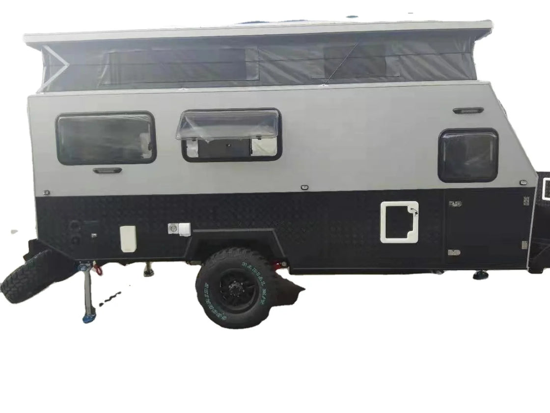 15ft Motorhome RV Caravan Toy Hauler Trailer with Customization for Camping, Aluminum and Fiberglass, 3000KG Payload
