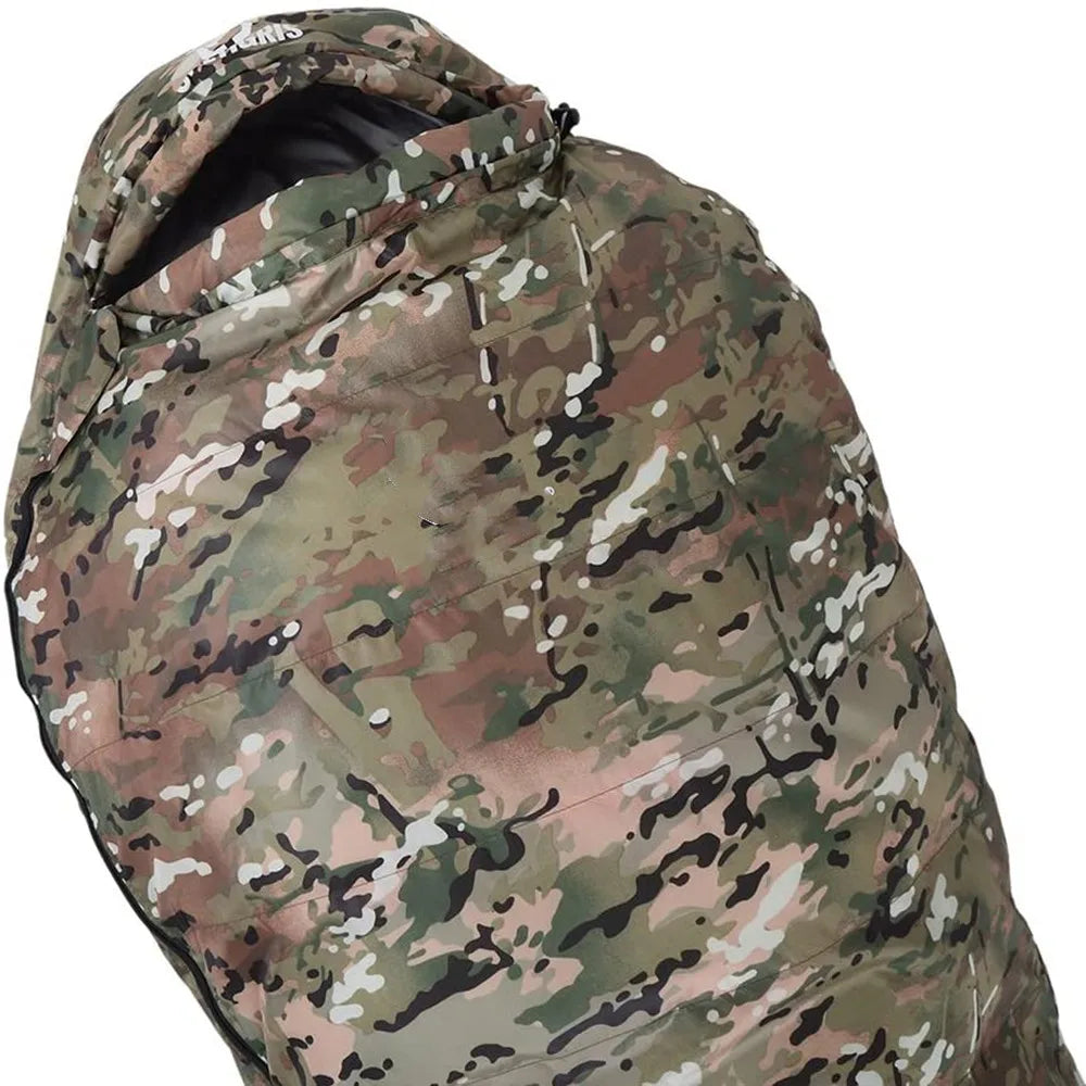 Woodland Camouflage Mummy Sleeping Bag, All Seasons, 230x80x50cm, Duck Down and Hollowfiber Filling, Suitable for Hiking and Camping