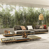 VTX-3085477 Italian Garden Outdoor Furniture Stainless Steel Legs Arms Handcrafted Teak Wooden Sofa Sets Fabric Modern Patio