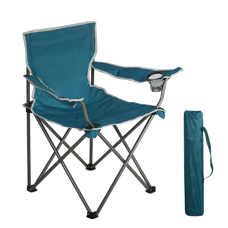 Folding Outdoor Metal Camping Chair with Cup Holder, Portable Picnic Chair, Steel Tube Leg, 600D Oxford Fabric, 200kg Capacity