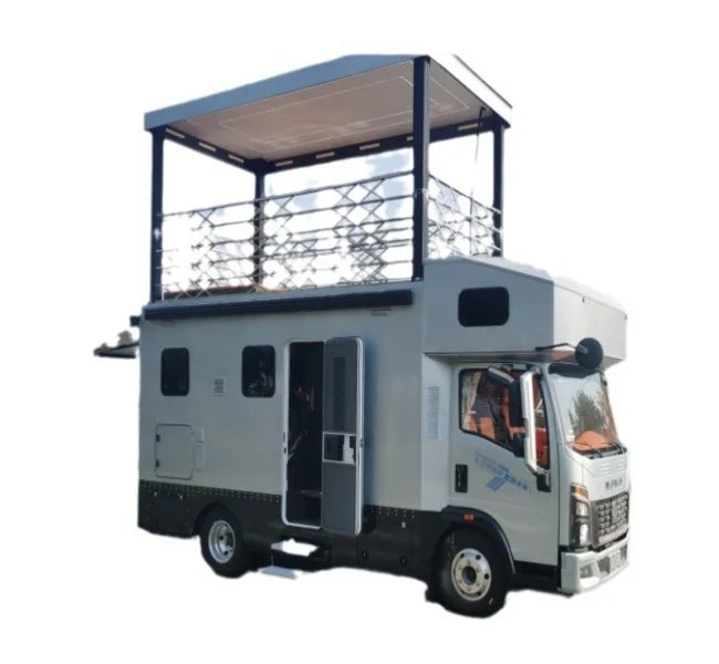 HOWO 4x4 Pop-up Roof Movable Recreational Vehicle for Camping and Travel, New, Automatic Transmission, EURO 6, Gasoline, Dimensions 5995x2490x3400 mm, Max Payload 6495 kg, Includes Kitchen and Bathroom Features