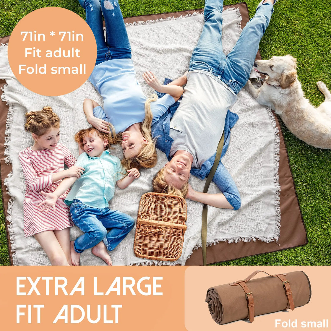2-in-1 Woven Portable Outdoor Rug Blanket, Waterproof Sand Proof, Foldable Beach Picnic Mat, Fits 4-6 Adults, 71"L x 71"W, Oxford Cloth