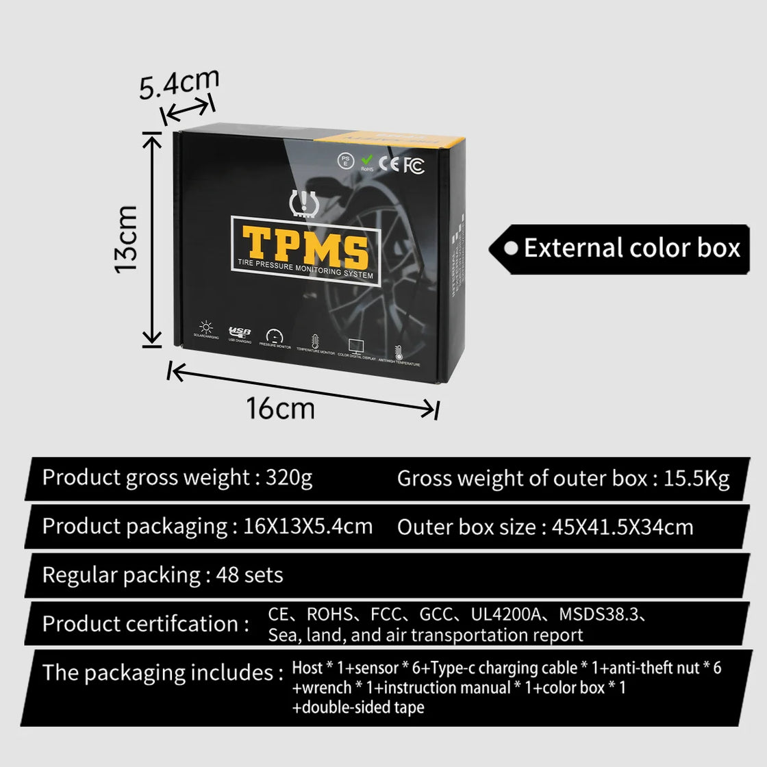 Solar Tire Pressure Monitoring System for RV Trailer with 6 External Sensors and 4" LCD Display