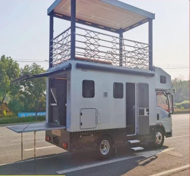 HOWO 4x4 Pop-up Roof Movable Recreational Vehicle for Camping and Travel, New, Automatic Transmission, EURO 6, Gasoline, Dimensions 5995x2490x3400 mm, Max Payload 6495 kg, Includes Kitchen and Bathroom Features