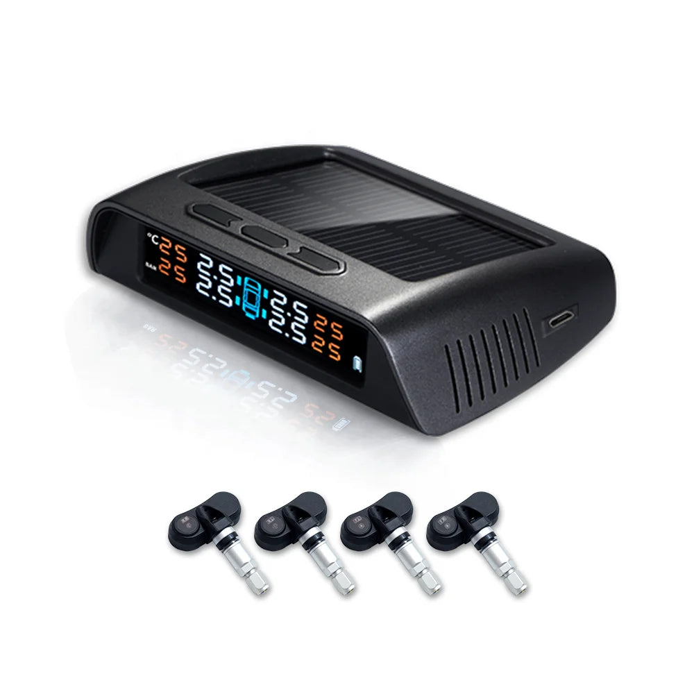 Solar Power Tire Pressure Monitoring System with USB Charging, Universal Fit, Model C200