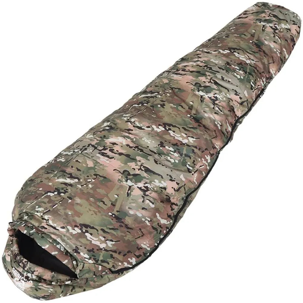 Woodland Camouflage Mummy Sleeping Bag, All Seasons, 230x80x50cm, Duck Down and Hollowfiber Filling, Suitable for Hiking and Camping
