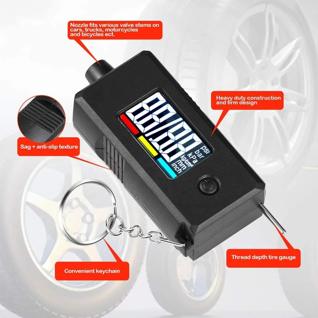 Digital Tire Pressure Gauge for Cars, Trucks, Bicycles, and Motorcycles - 0-100 PSI Measurement