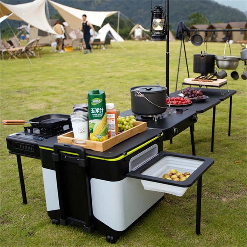 Portable Camping Kitchen Box, Foldable Mobile Picnic Table, Multifunctional Cooking Set, Steel and Aluminum, 180x103x42cm