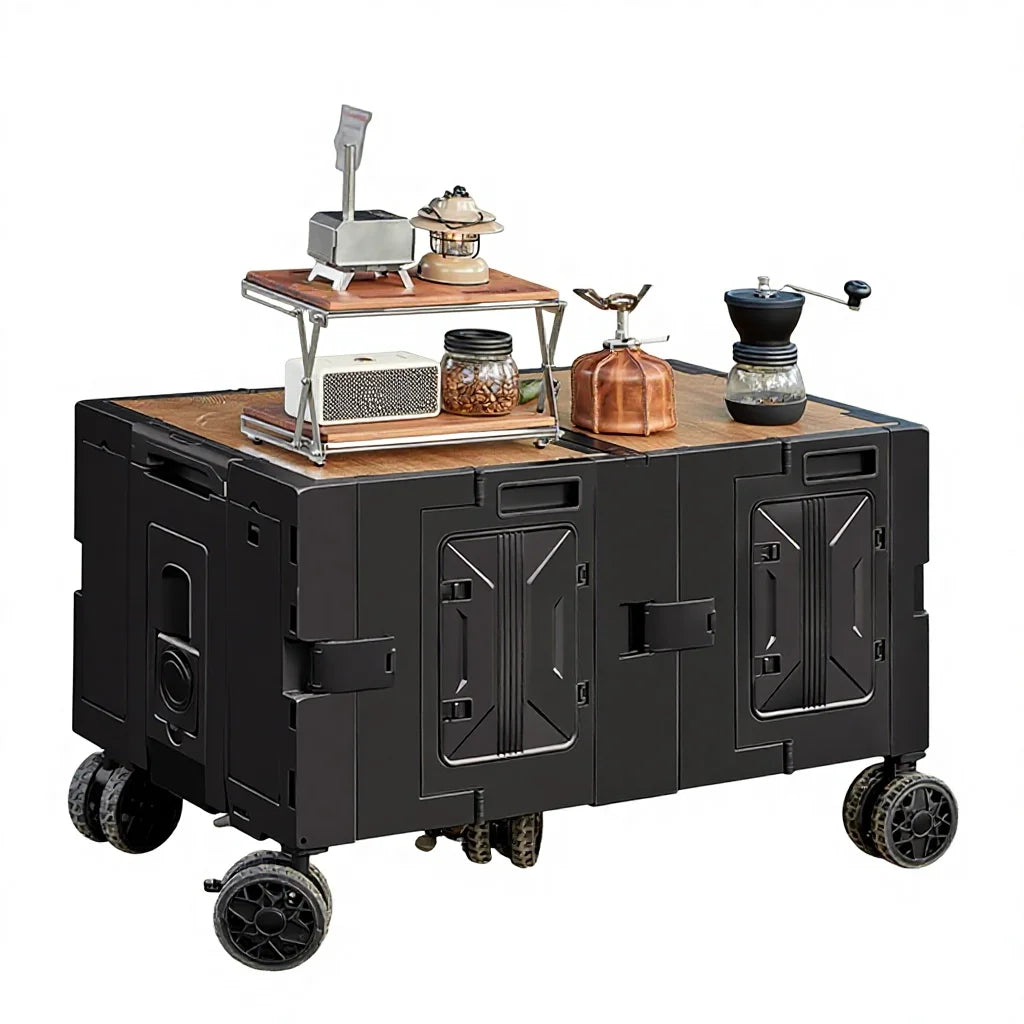 Foldable Five-Wheel Utility Cart for Outdoor Camping, Travel, and Picnics - Large Capacity Mobile Food Trolley