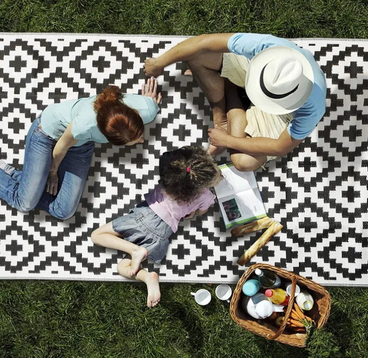 Reversible Waterproof Picnic Blanket, Rectangular Outdoor Rug, Geometric Pattern, Soft Polypropylene Material