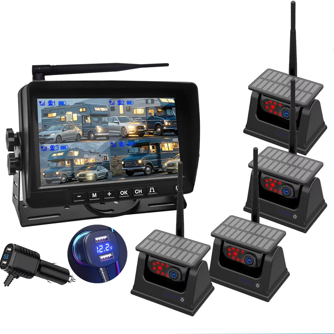 7 Inch Solar Wireless Night Vision Waterproof Rear View Camera with DVR Recording for Trucks and RVs